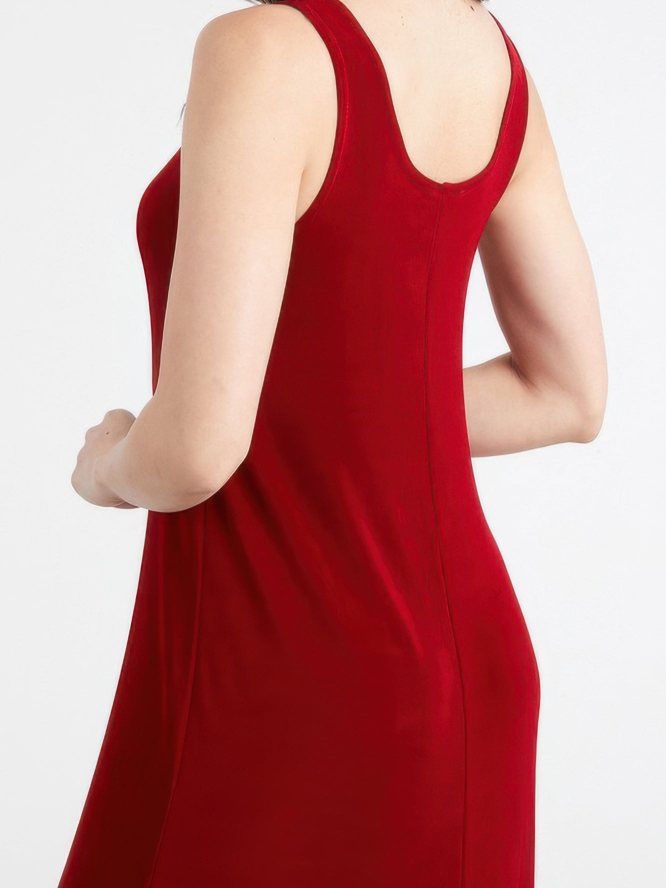 Plus size sleeveless maxi dress in red, showcasing the smooth silhouette and comfortable fit from the back.