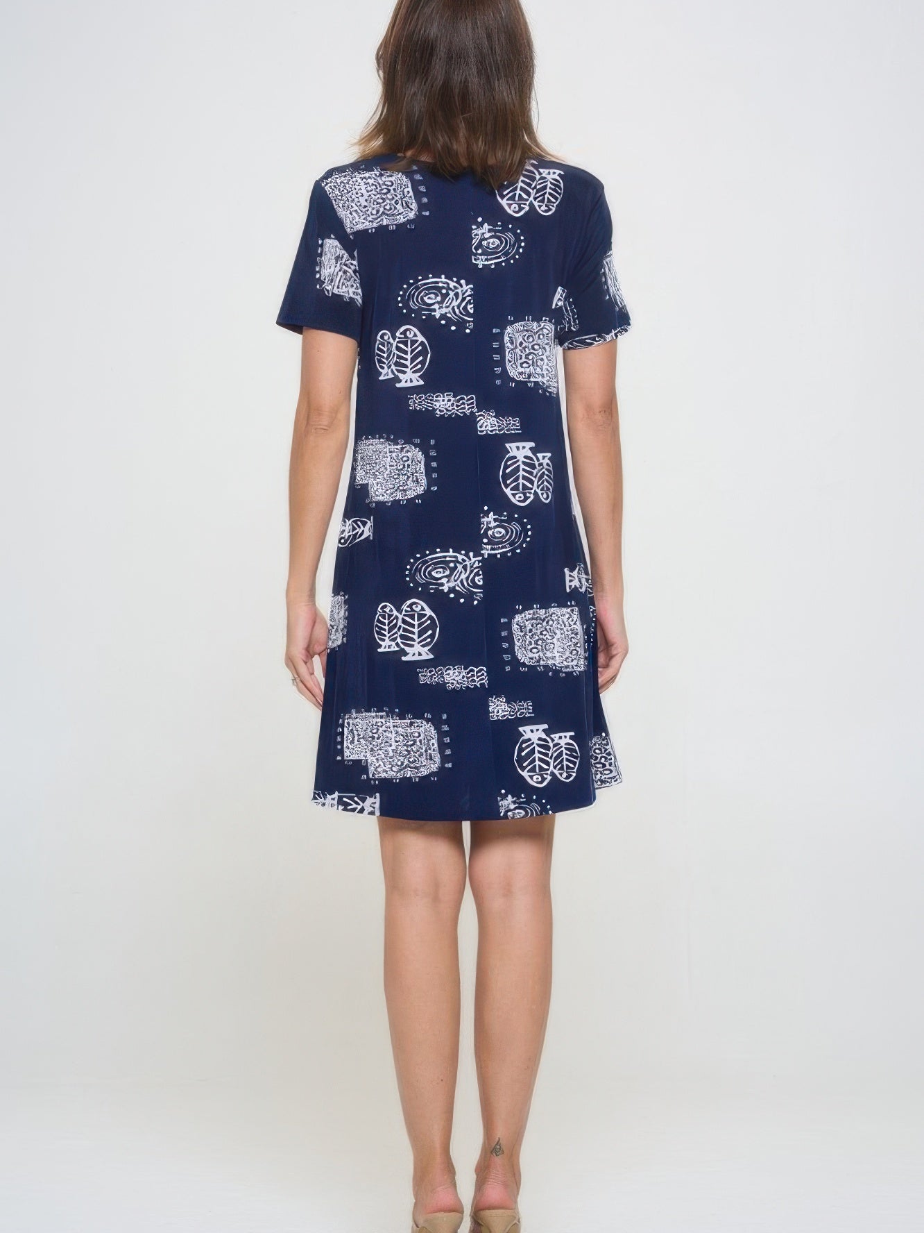 Back view of a Plus Size Print Missy Dress, featuring a navy color with white patterns and short sleeves.