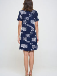Back view of a Plus Size Print Missy Dress, featuring a navy color with white patterns and short sleeves.