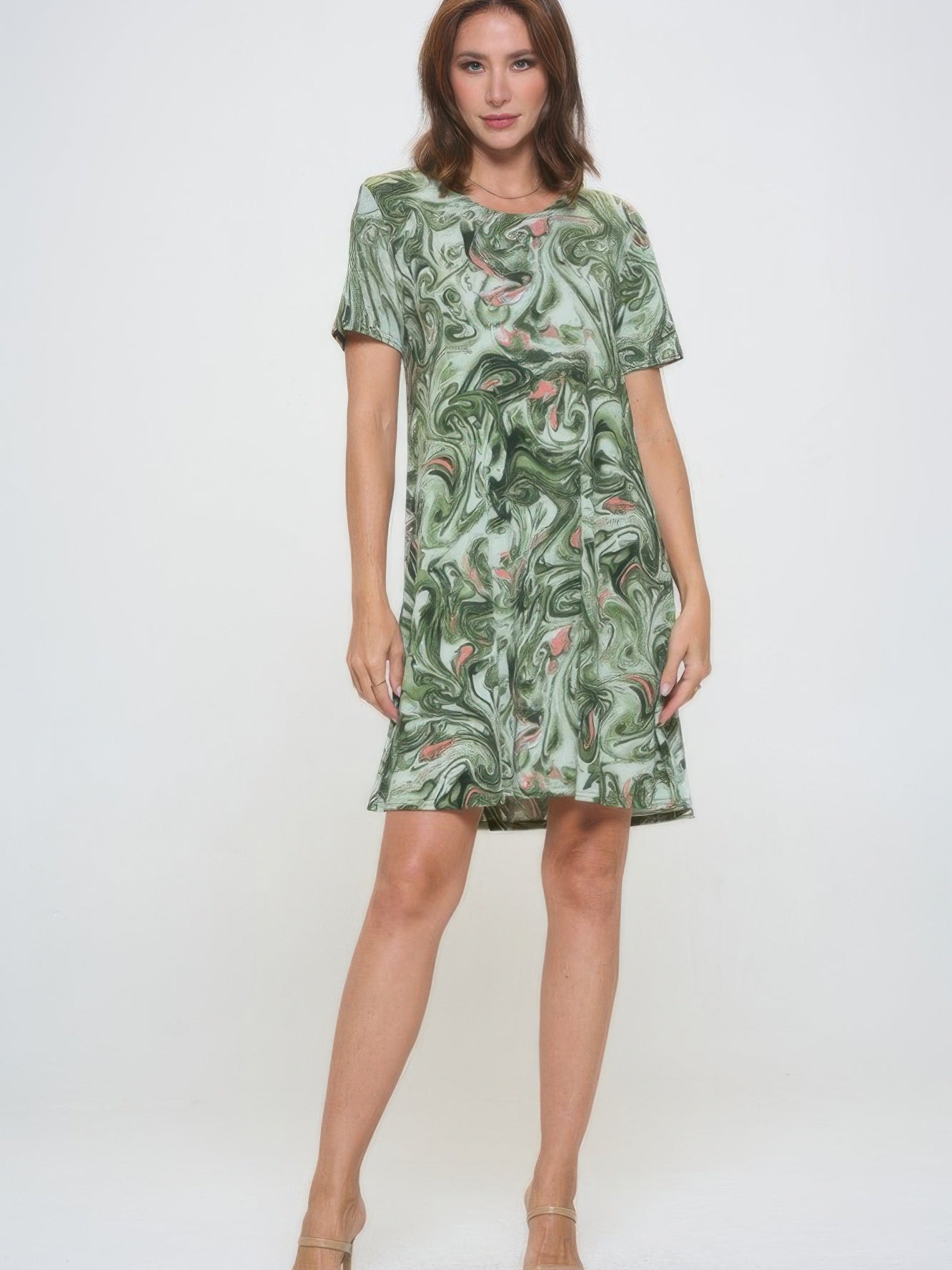 Plus size print missy dress in green marble pattern with short sleeves, perfect for casual occasions.
