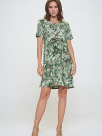 Plus size print missy dress in green marble pattern with short sleeves, perfect for casual occasions.