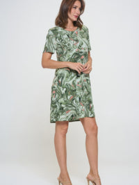 Plus size print missy dress short sleeve in green swirl pattern, perfect for daily wear and comfortable all-day style.