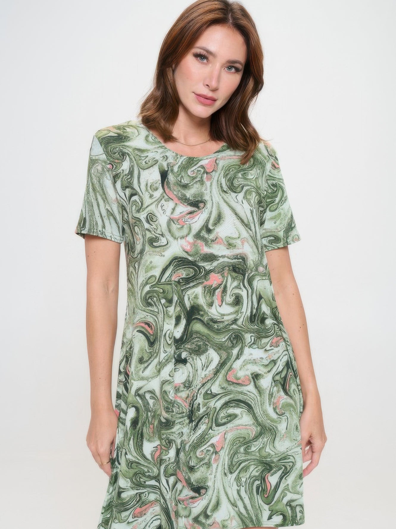 Plus Size Print Missy Dress Short Sleeve in green and pink marble pattern, perfect for everyday wear.