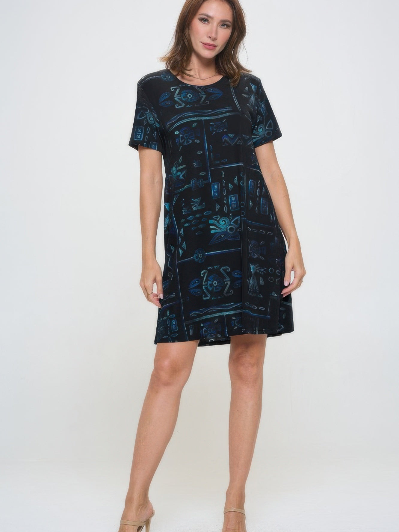 Plus Size Print Missy Dress Short Sleeve in a stylish black and blue print, perfect for casual outings.