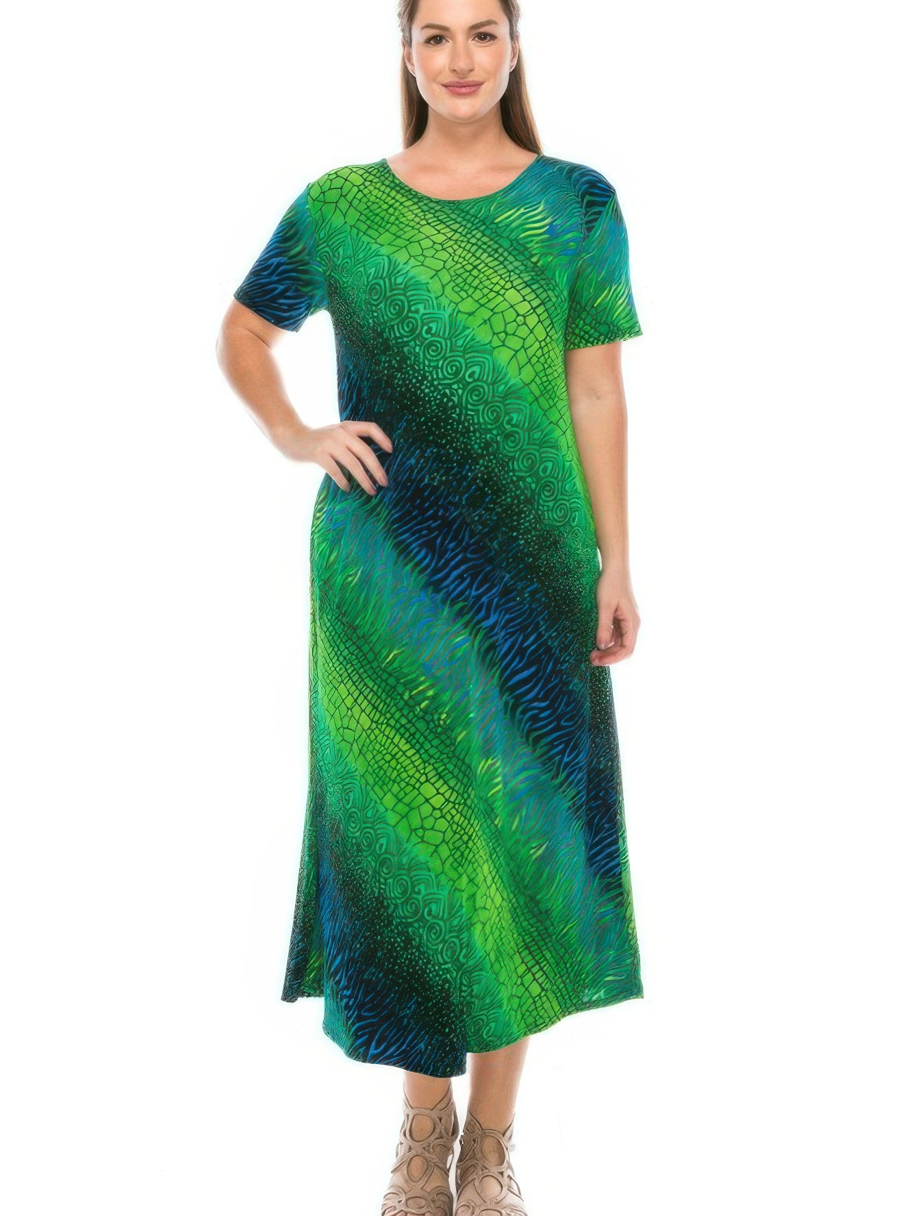 Model wearing the BNS long dress elegance in vibrant green and blue, featuring short sleeves and a flattering silhouette.