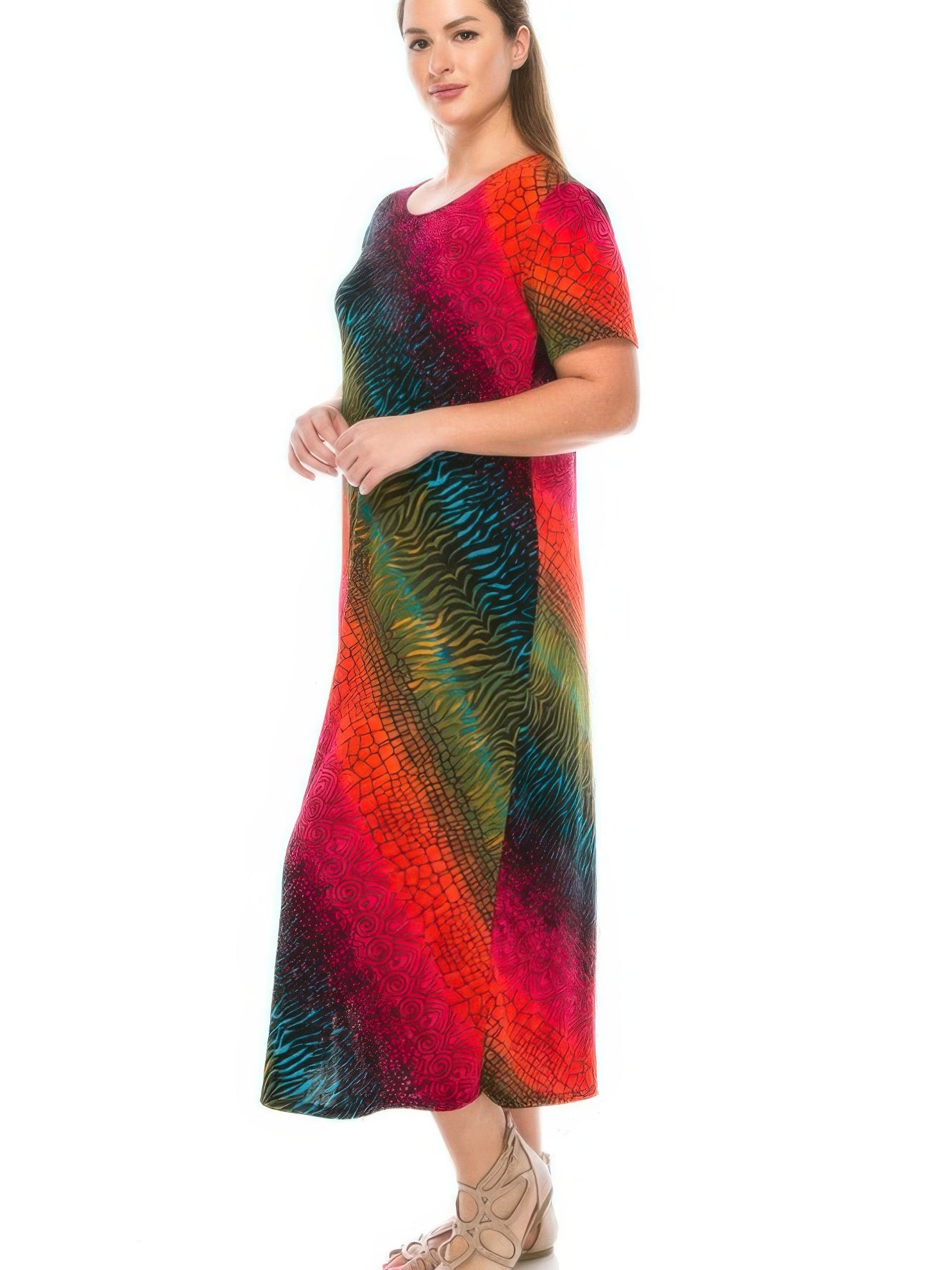 BNS long dress elegance featuring colorful patterned design and flattering full-length silhouette.