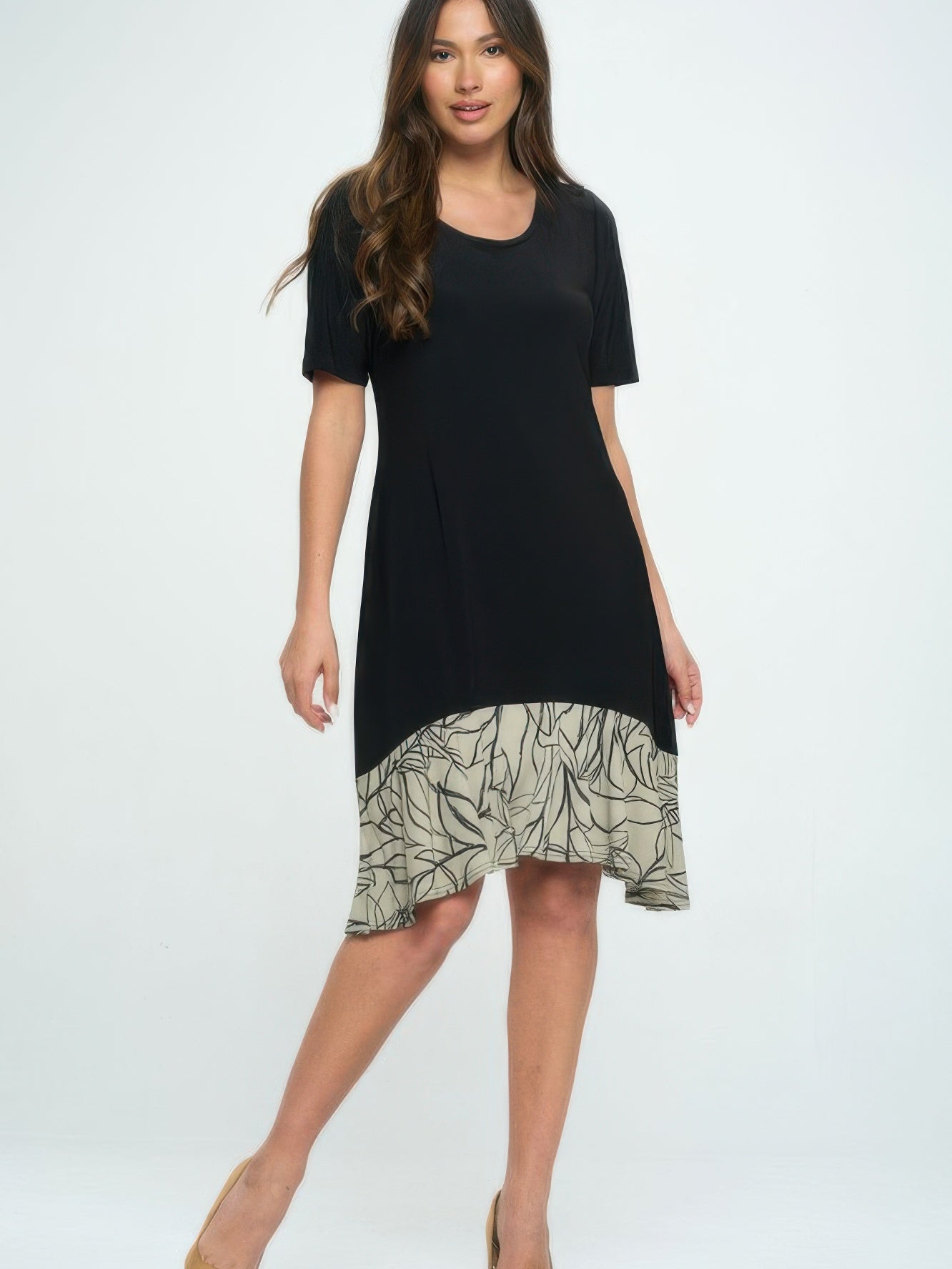 Half sleeve contrast dress featuring a sleek silhouette and contrasting color panels for standout style.