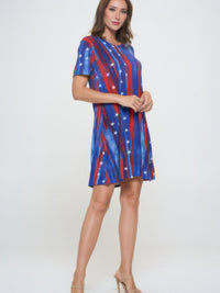 Short-Sleeved Knee-Length Dress with a blue, red, and white star design, perfect for summer occasions.