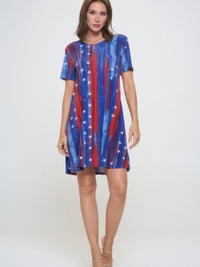 Short-Sleeved Knee-Length Dress with red, white, and blue star pattern on a model against a plain background.
