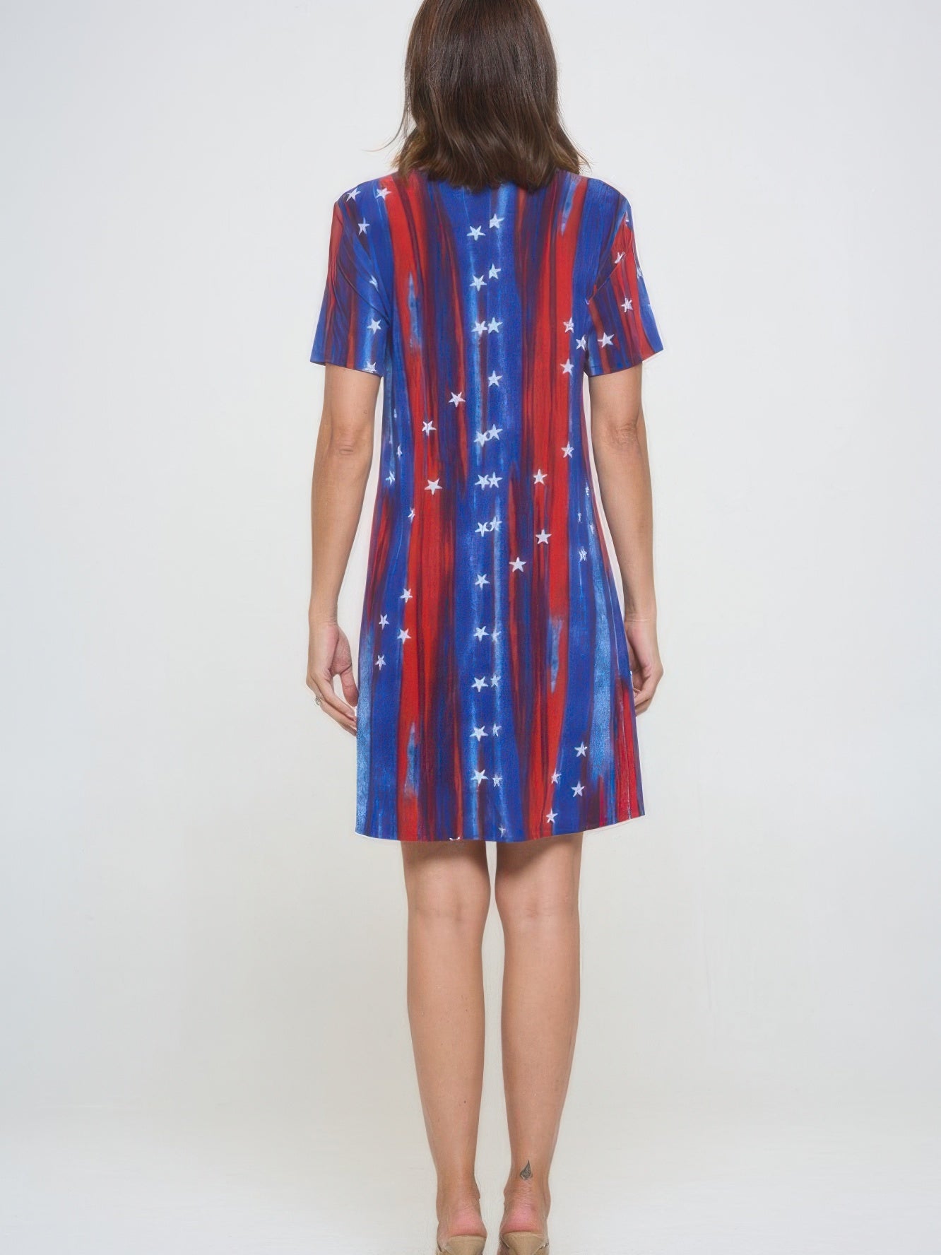 Short-Sleeved Knee-Length Dress in red and blue with white stars, showcasing a stylish back view.