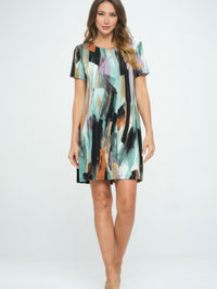 Short-Sleeved Knee-Length Dress in vibrant abstract print, designed for comfort and style.