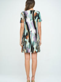Back view of a stylish Short-Sleeved Knee-Length Dress featuring colorful brushstroke patterns.