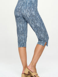 Comfortable capri pants featuring a stylish blue pattern and slits at the hem for added flair.