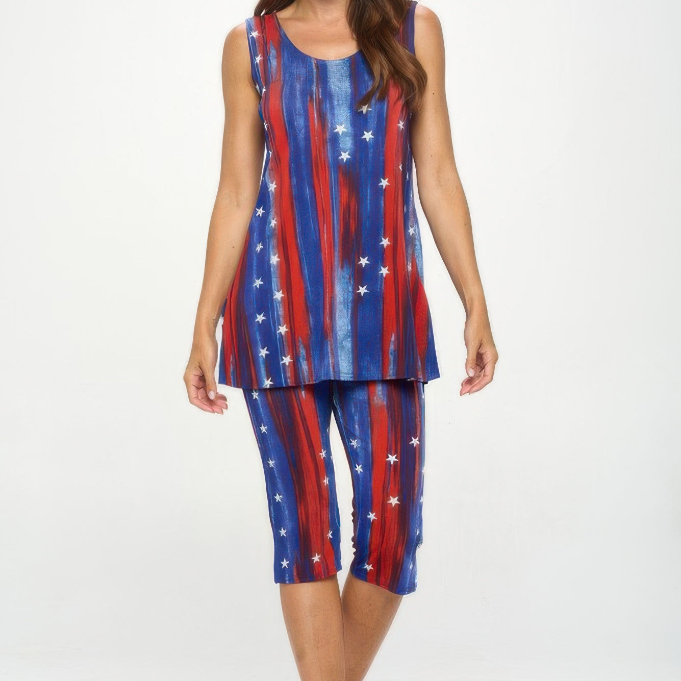 Plus size tank capri pants set featuring a sleeveless tank top with blue and red stripes and star printed capri pants.