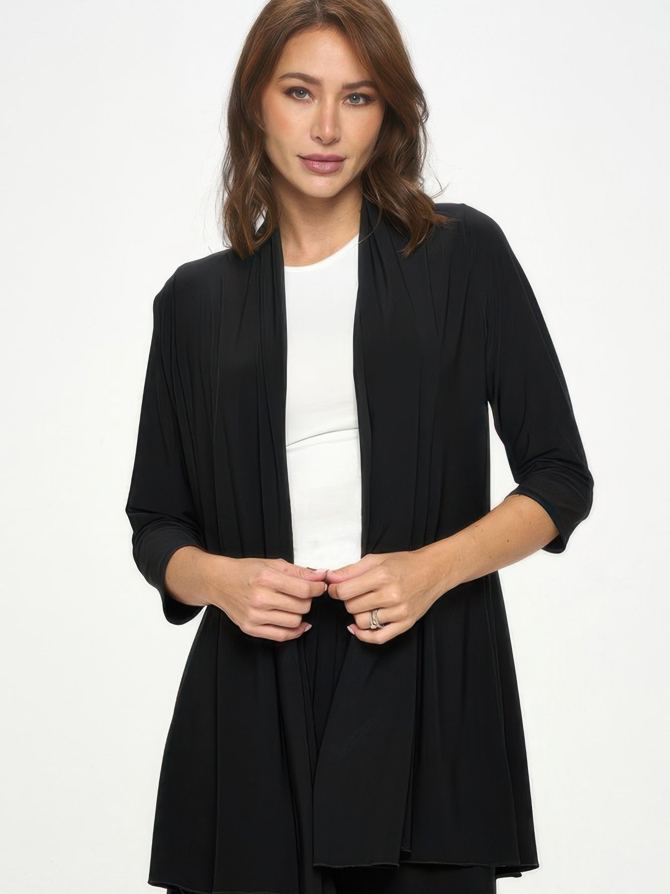 Model wearing the Hit Princess Jacket in black, showcasing its elegant draped front and quarter sleeves.