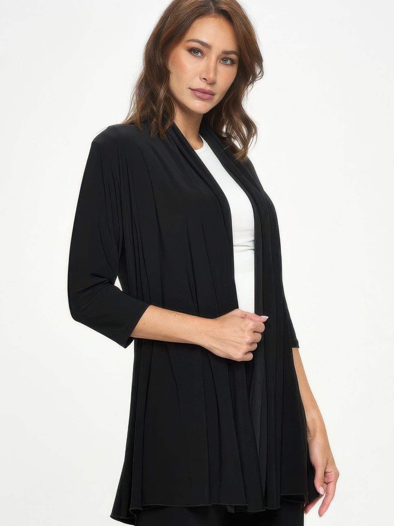 Hit Princess Jacket displayed on a model, featuring quarter sleeves and a softly draped front, perfect for layering.