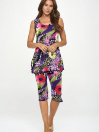 Bns Tank Capri Pants Set, stylish two-piece tank and capri set with chic vented sides, colorful floral design.