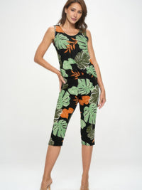 BNS tank capri pants set featuring a sleeveless top and capri pants with a bold tropical leaf pattern.