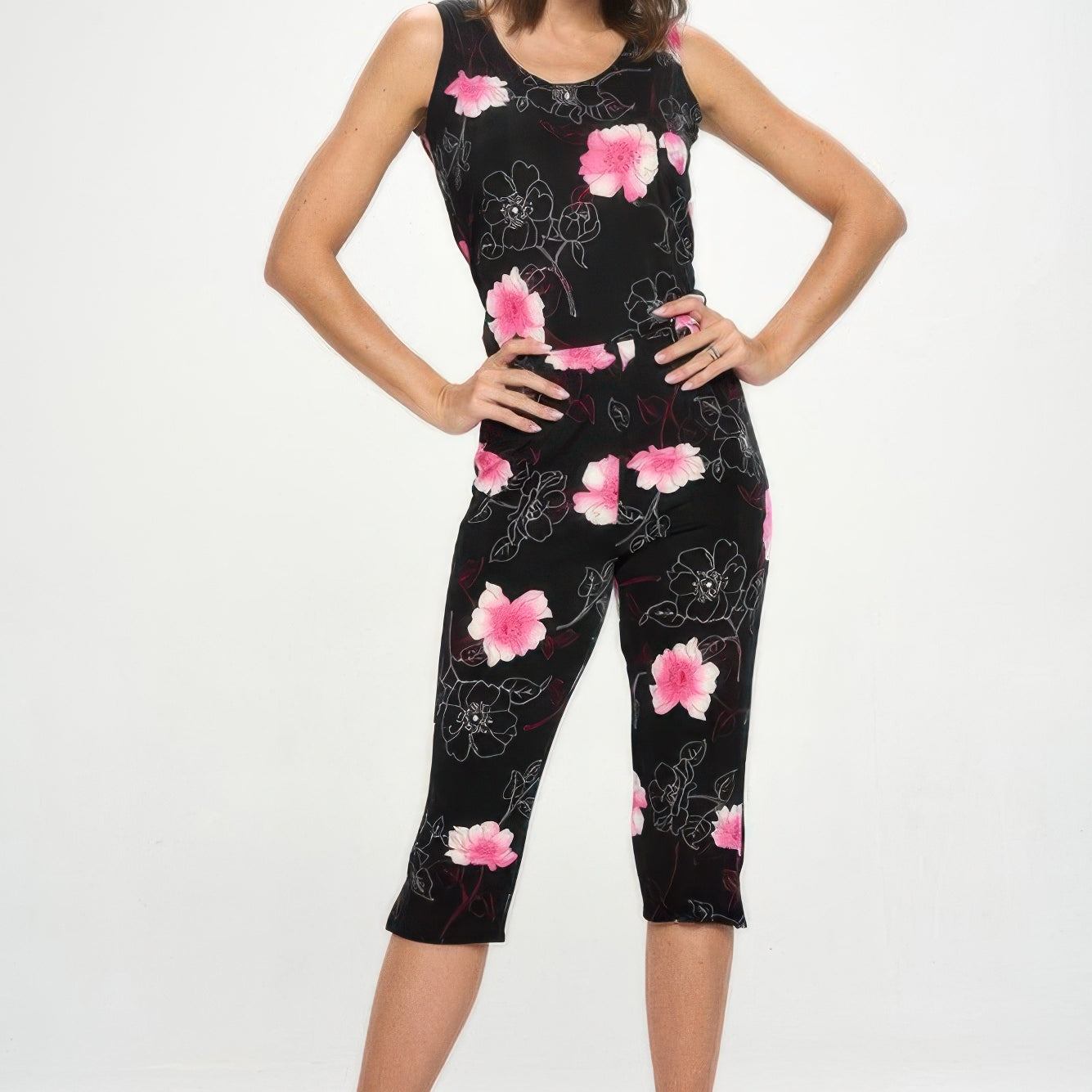 Bns Tank Capri Pants Set featuring a floral design with a sleeveless tank and capri pants with a comfortable fit.