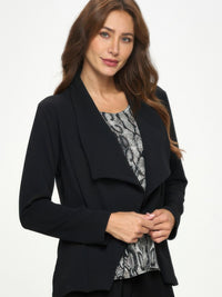 Liverpool Front Drape Jacket worn by model, featuring a cascading front and polished design.