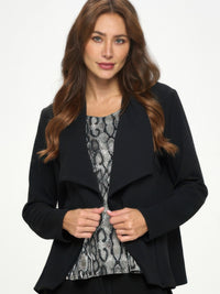 Liverpool Front Drape Jacket styled with a snake print top and displayed by a model in a simple pose.