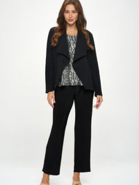 Model wearing Liverpool Front Drape Jacket with a patterned top and pants, showcasing a polished look for everyday style.