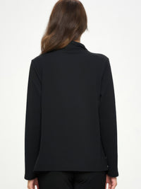 Back view of a woman wearing the Liverpool Front Drape Jacket in black, showcasing its refined and functional design.