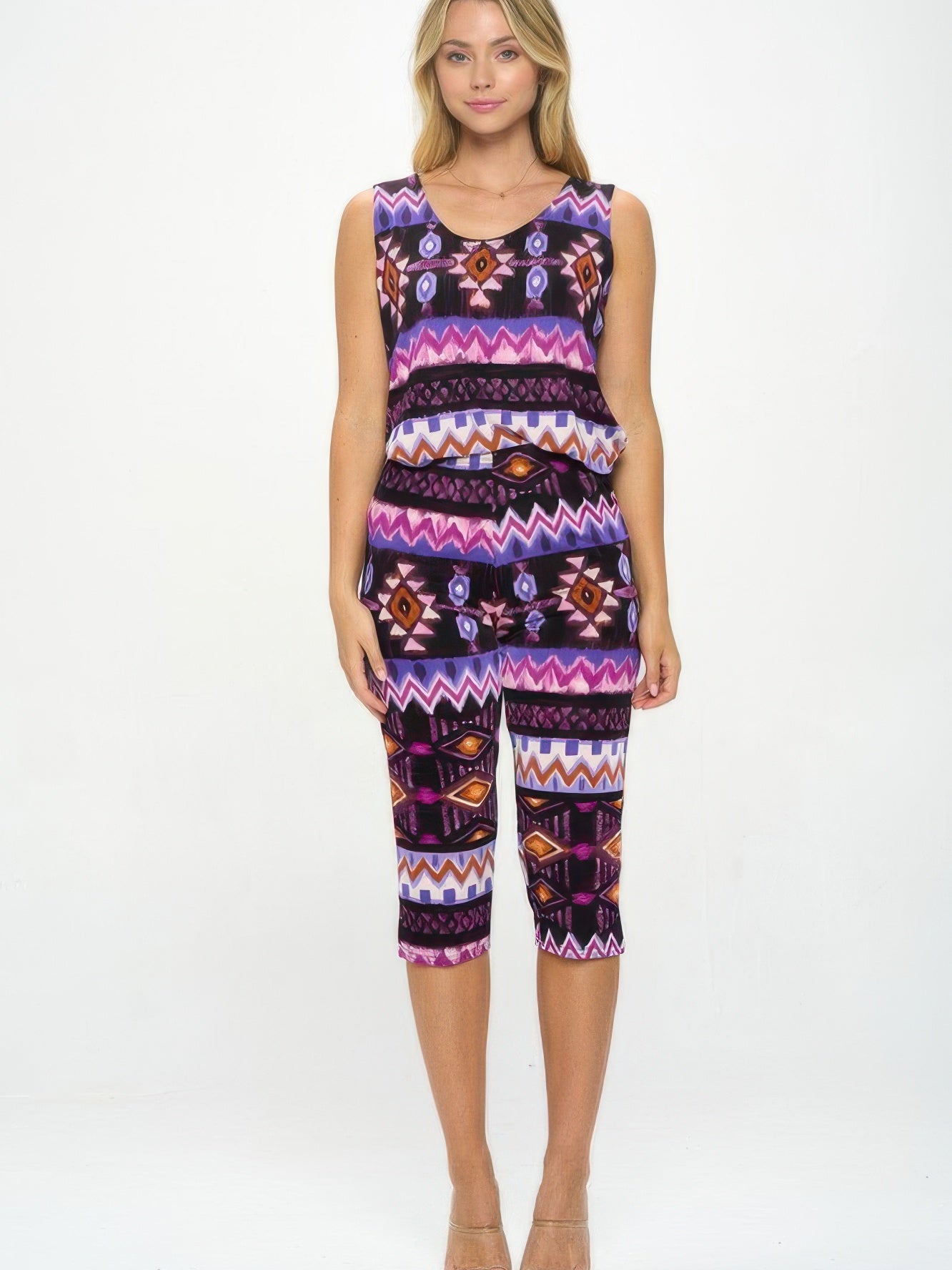 BNS Tank Capri Pants Set featuring vibrant patterns and side vents for warm-weather fashion.