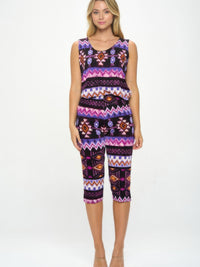 BNS Tank Capri Pants Set featuring vibrant patterns and side vents for warm-weather fashion.