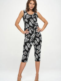 BNS tank capri pants set featuring a stylish leaf pattern, ideal for casual days and travel.