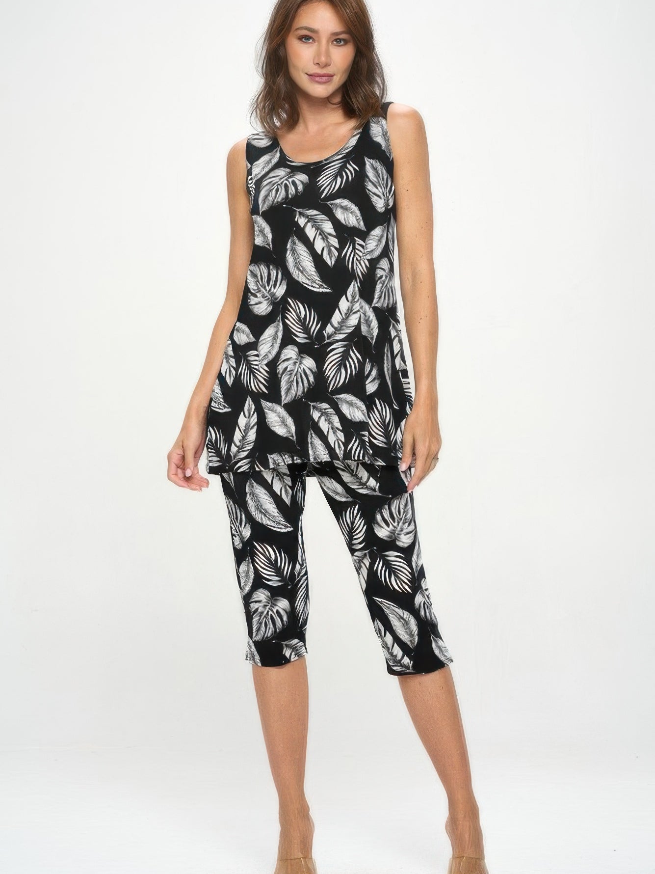 BNS tank capri pants set featuring a stylish leaf print tank top and capri bottoms for comfortable everyday wear.