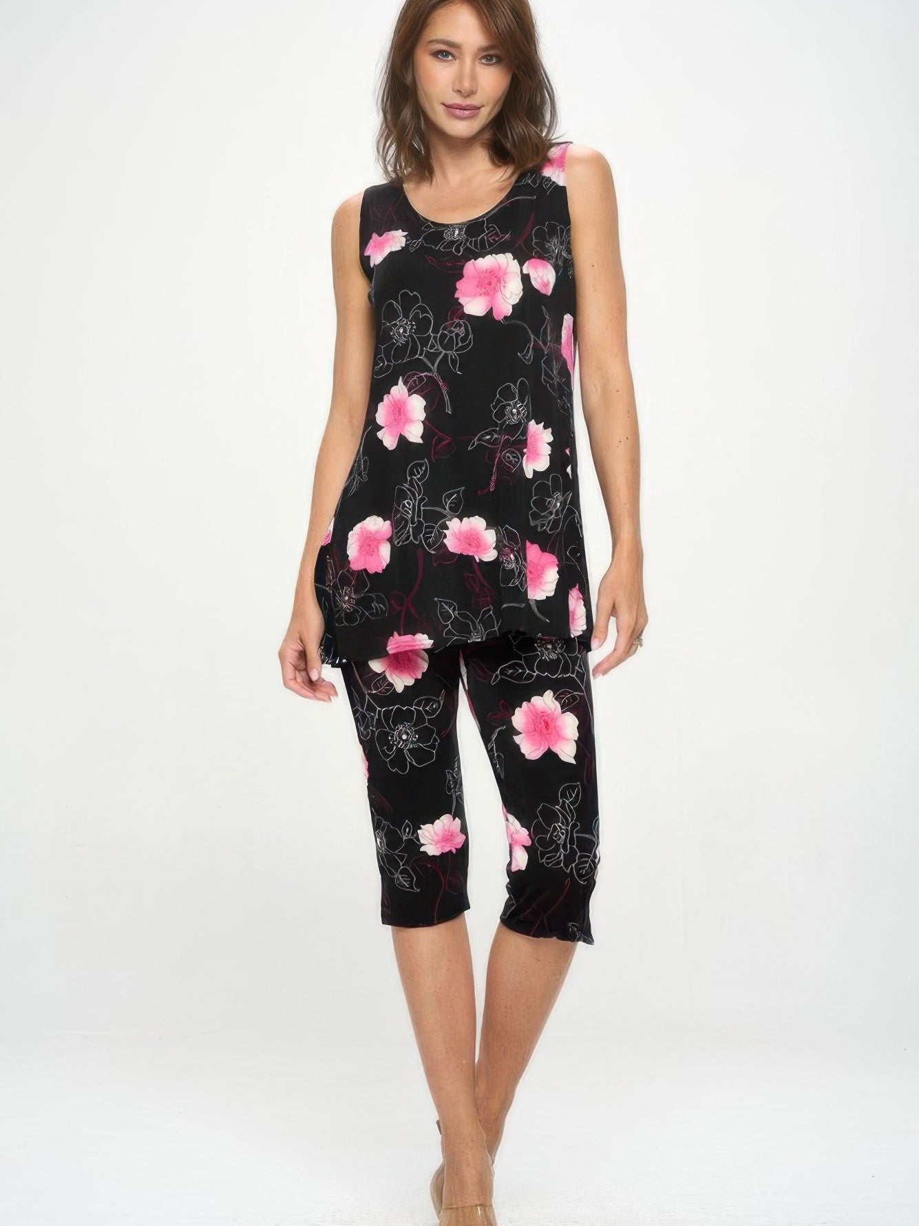 BNS tank capri pants set featuring a floral sleeveless top and matching capri bottoms, perfect for casual comfort.