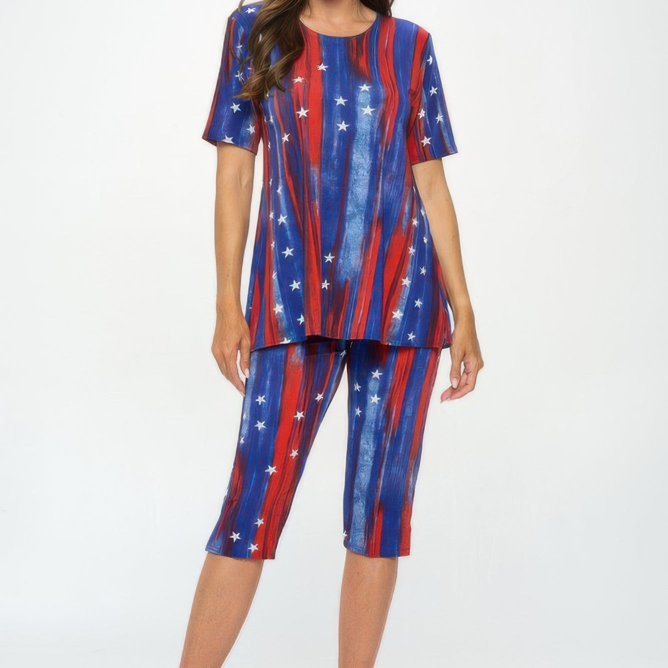 BNS Capri Pants Set featuring a short-sleeve top and matching capris in a bold allover print with stars.