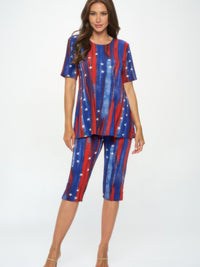BNS Capri Pants Set featuring a short-sleeve top and matching capris in a bold allover print with stars.