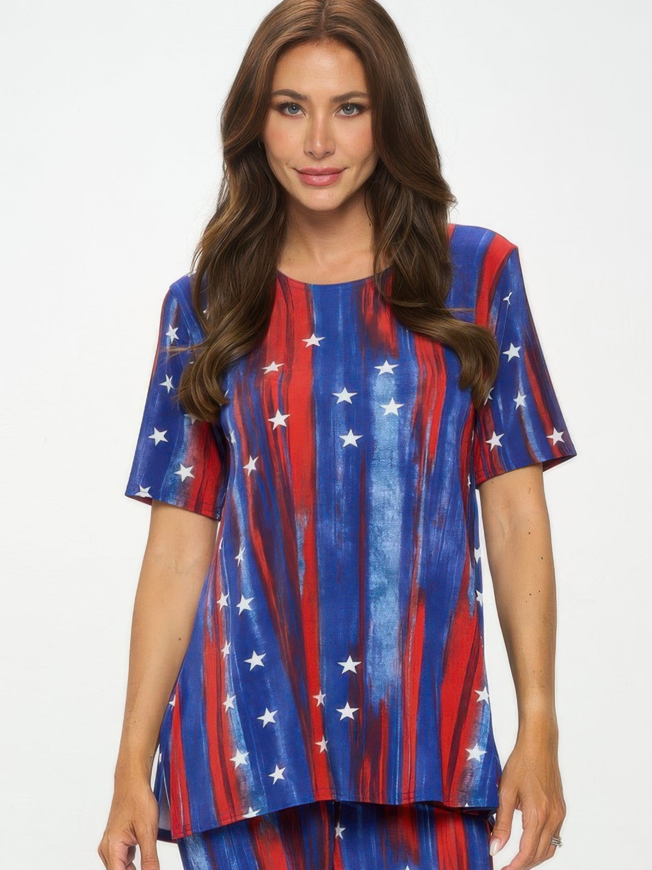 BNS Capri Pants set featuring a stylish star-patterned short-sleeve top and matching capris in red, white, and blue.