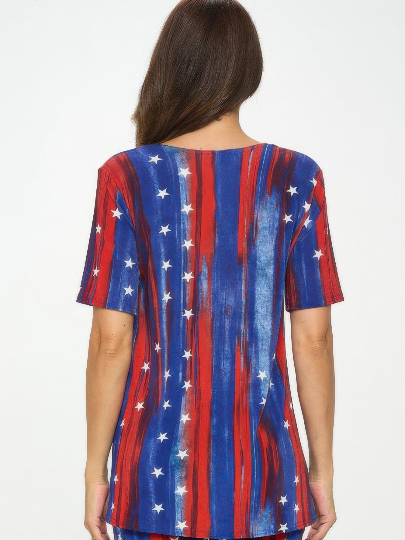 BNS Capri Pants set with a vibrant star and stripe design, showcasing the back view of the short-sleeve top.