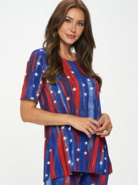 BNS Capri Pants set featuring a short-sleeve top with blue, red, and white star print and matching capri pants.