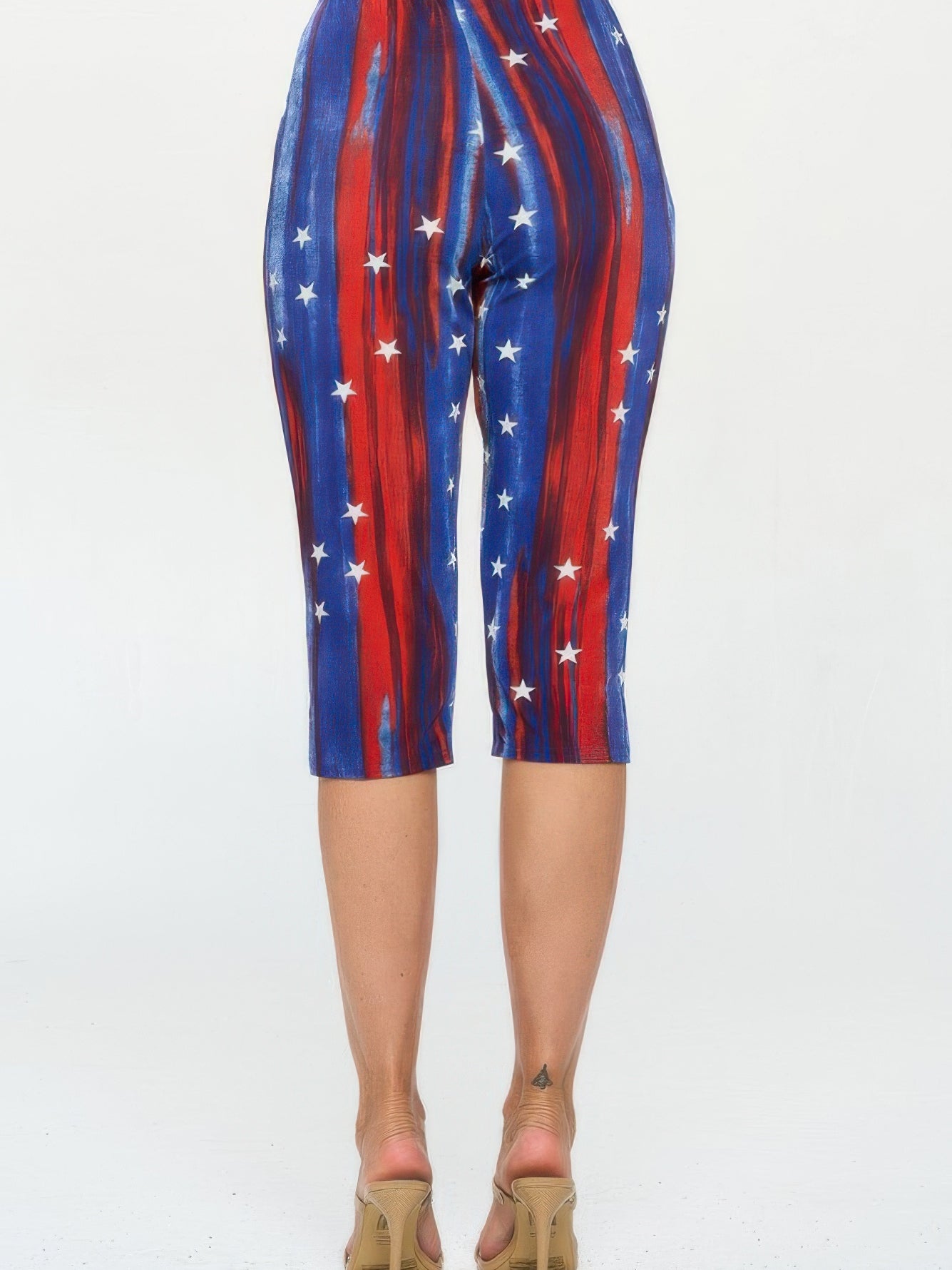 BNS Capri Pants set featuring vibrant red and blue design with white stars, highlighting the back view of the capri pants.