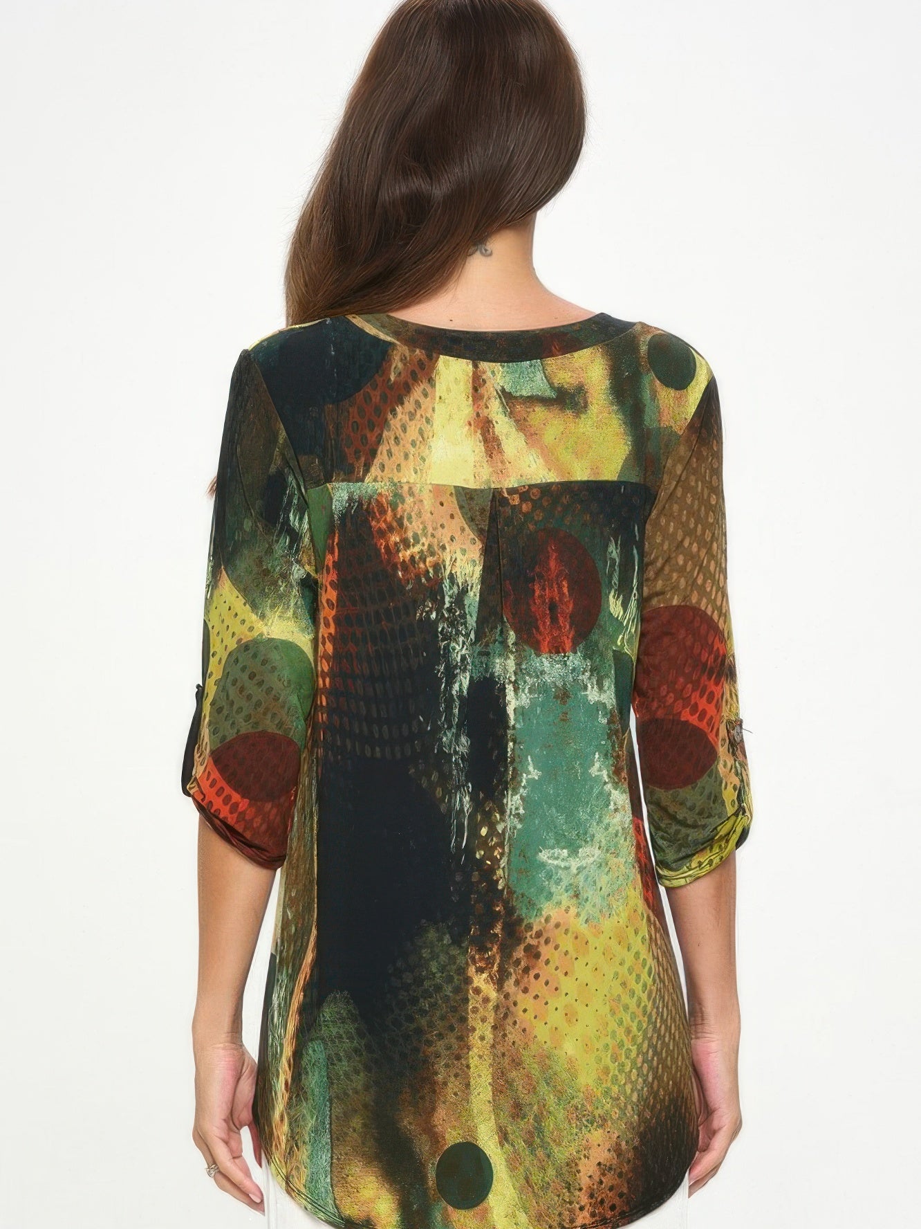 Back view of the Hit Notch Neck Rolled Sleeve Top featuring a unique colorful print and rolled sleeves.
