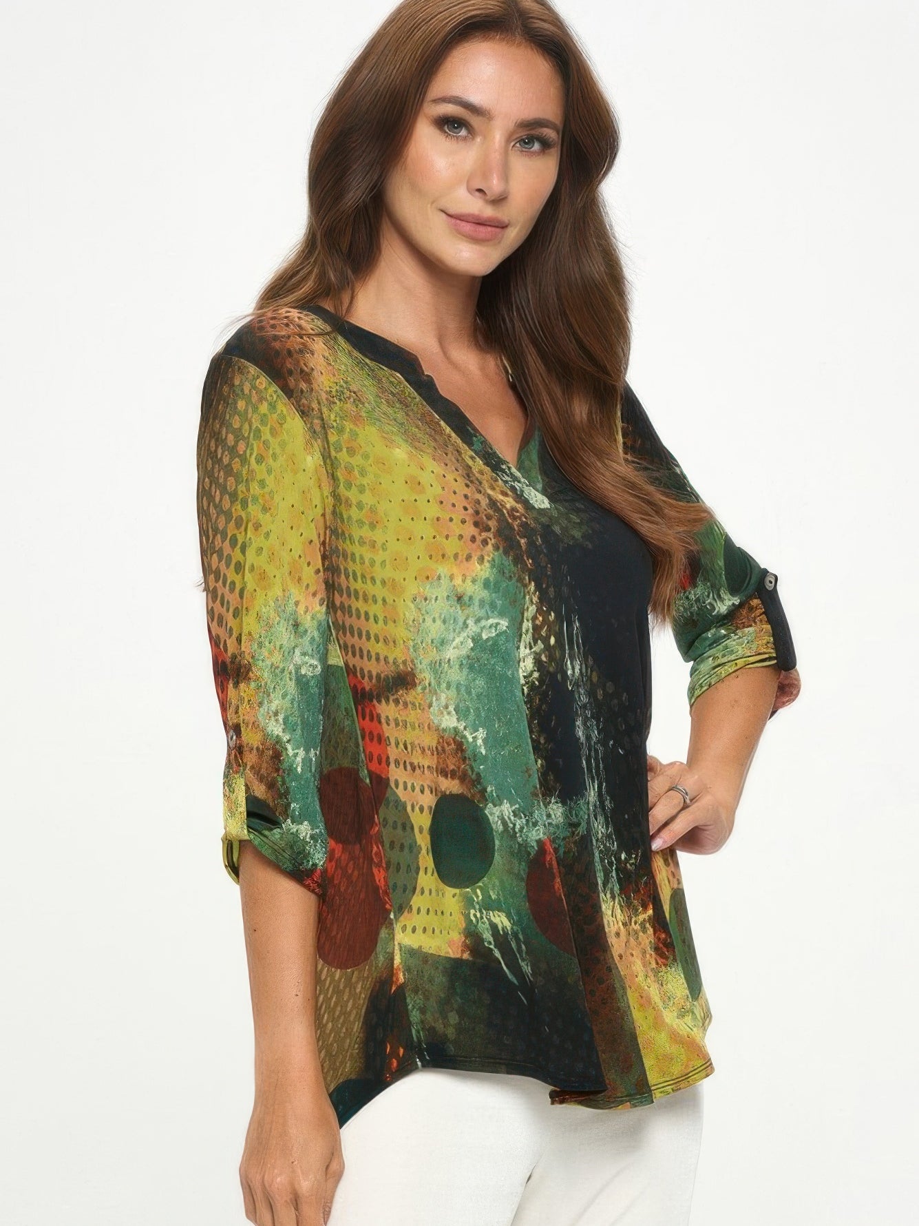 Hit Notch Neck Rolled Sleeve Top featuring a colorful print and rolled sleeves for a stylish look.