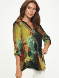 Hit Notch Neck Rolled Sleeve Top featuring a colorful print and rolled sleeves for a stylish look.
