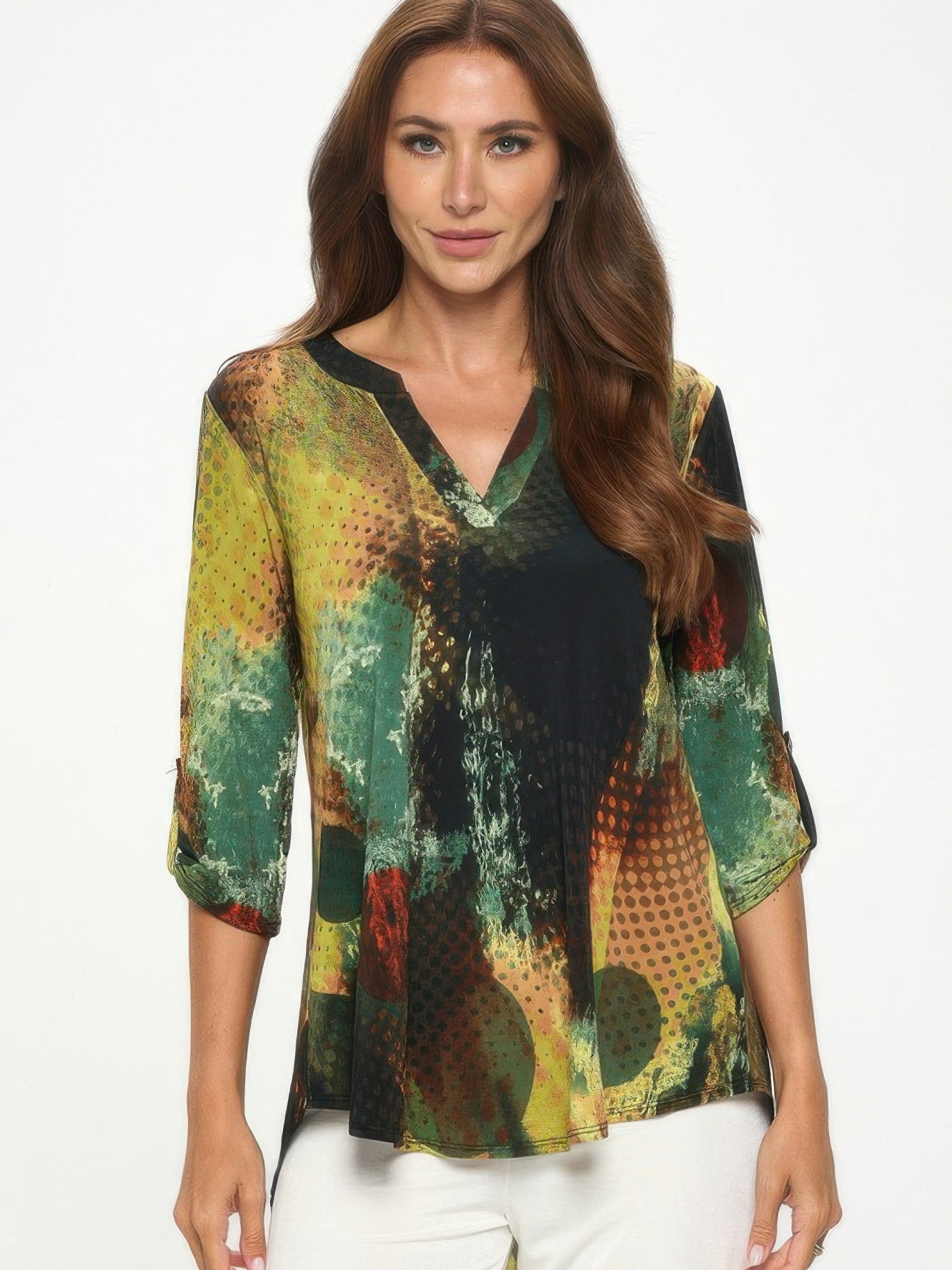 Hit Notch Neck Rolled Sleeve Top featuring a vibrant print and V-neckline for a stylish and comfortable look.