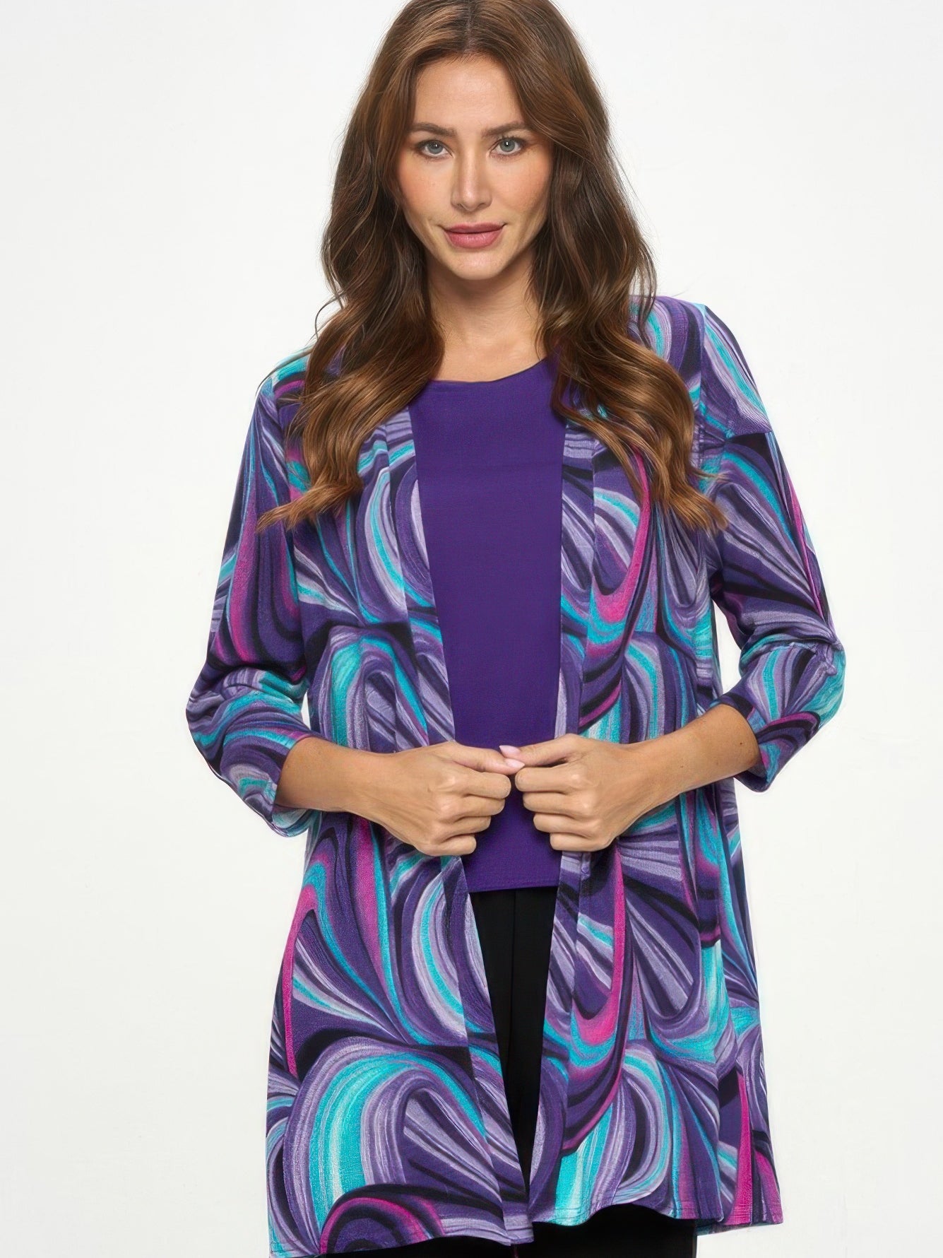 Mir Duster Jacket in vibrant purple abstract print, featuring quarter sleeves and a stylish open-front design.
