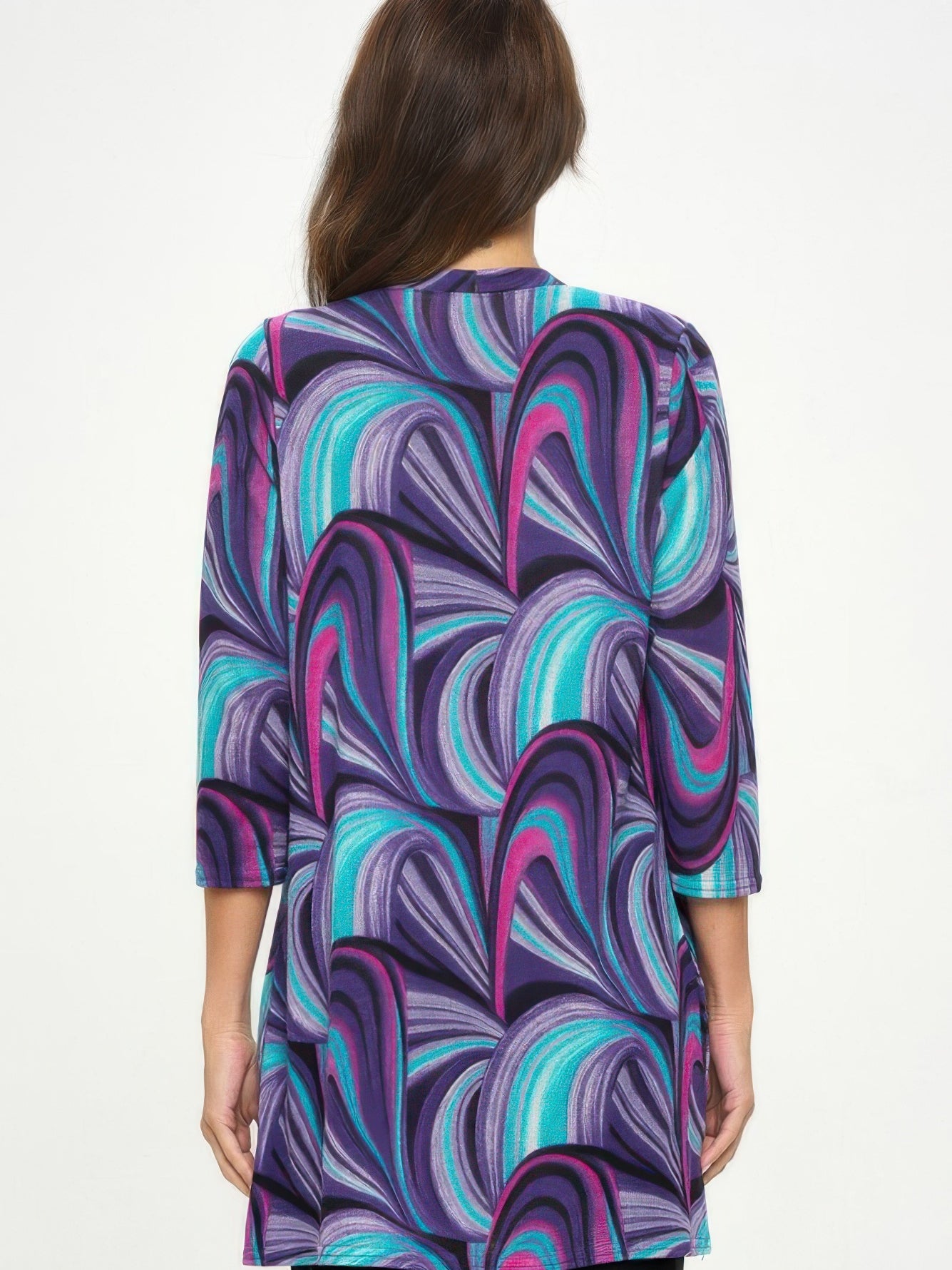 Back view of the Mir Duster Jacket showcasing abstract purple print and quarter sleeves.