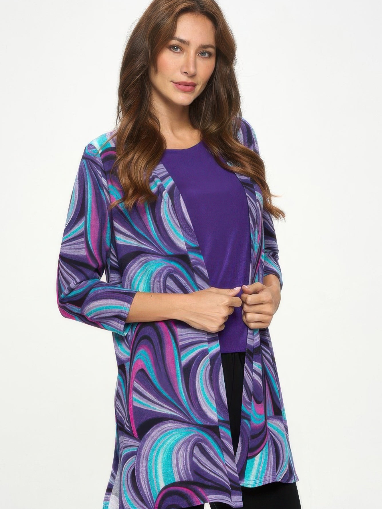 Mir Duster Jacket shown on a model, featuring a colorful abstract purple print and quarter sleeves.