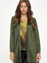 Satin Washer Duster Jacket displayed on a model in olive green, ideal for layering over casual outfits.