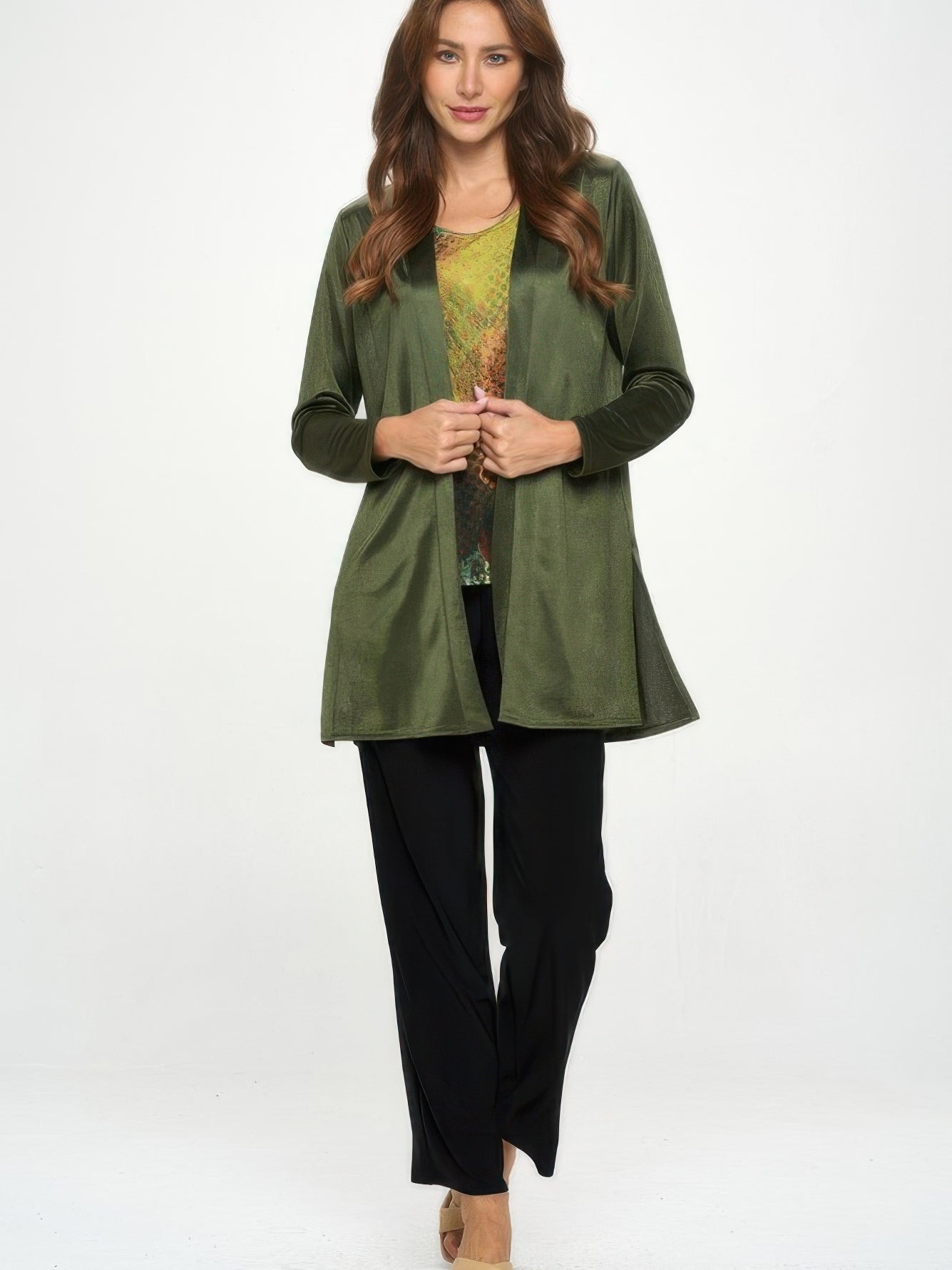Satin Washer Duster Jacket in olive with long sleeves, perfect for layering and adding shine to any outfit.