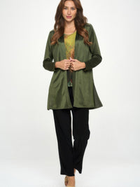 Satin Washer Duster Jacket in olive with long sleeves, perfect for layering and adding shine to any outfit.