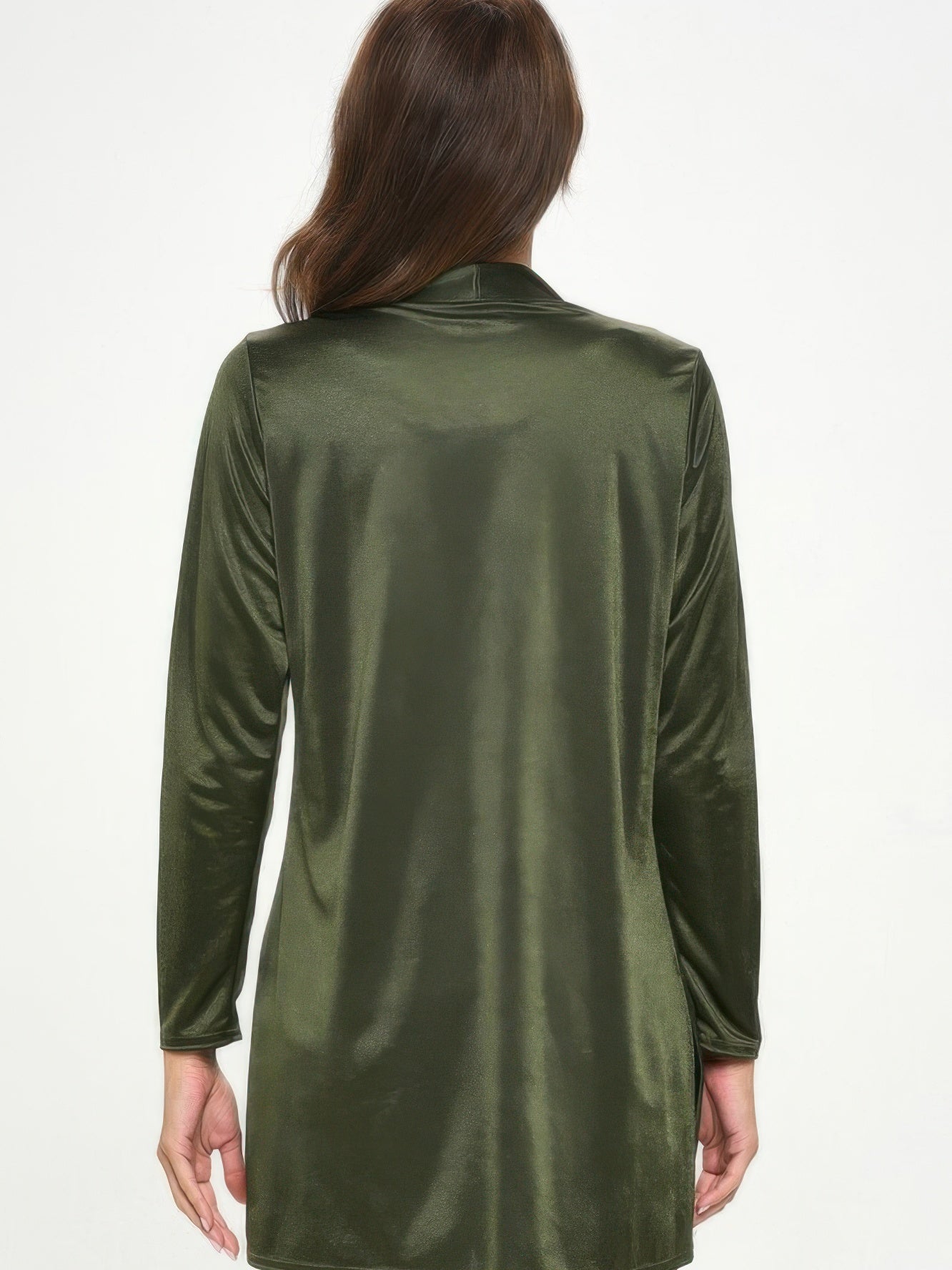 Back view of a woman wearing the Satin Washer Duster Jacket in olive green, showcasing its sleek and soft design.