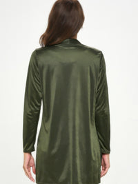 Back view of a woman wearing the Satin Washer Duster Jacket in olive green, showcasing its sleek and soft design.
